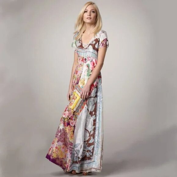 💕JOHNNY WAS💕 Tropic Georgette 100% Silk Maxi Dress ~ Patchwork Print 2X NWT - Picture 4 of 16